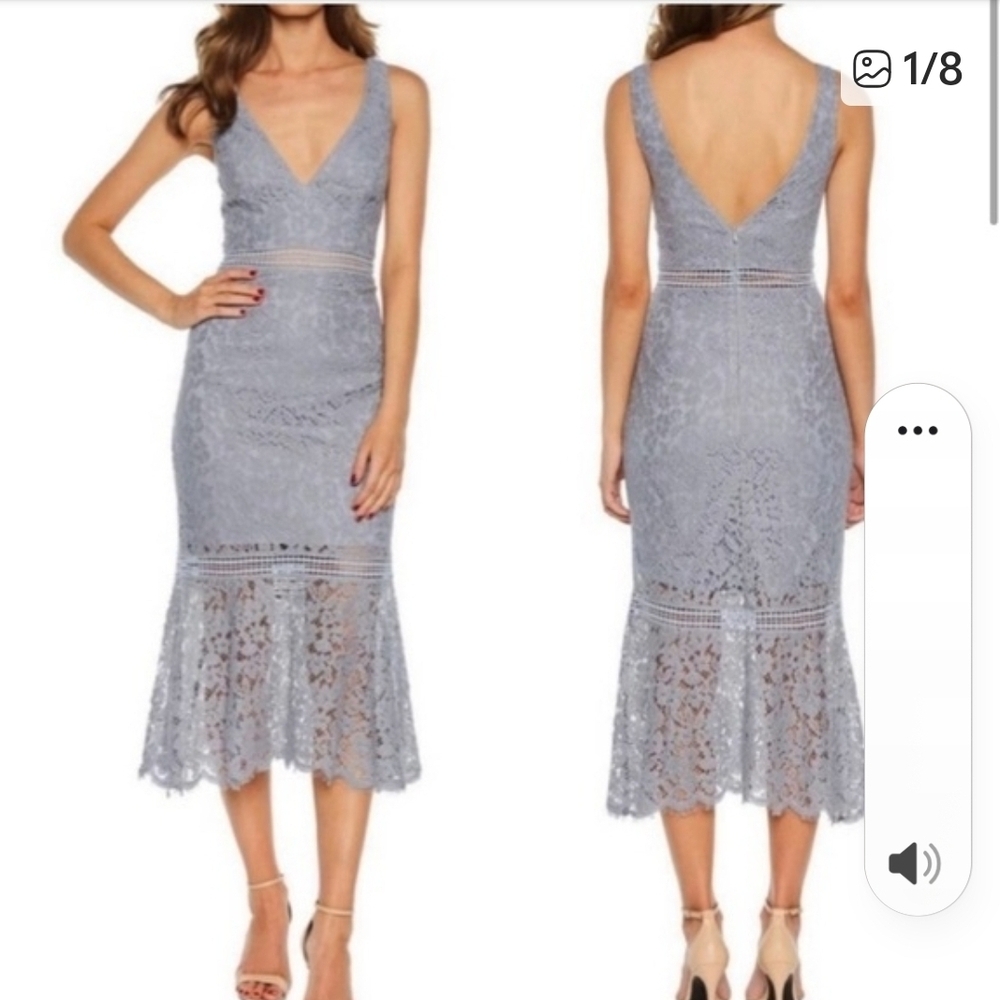 Bardot Dusty Blue Lace V-Neck Midi Dress
